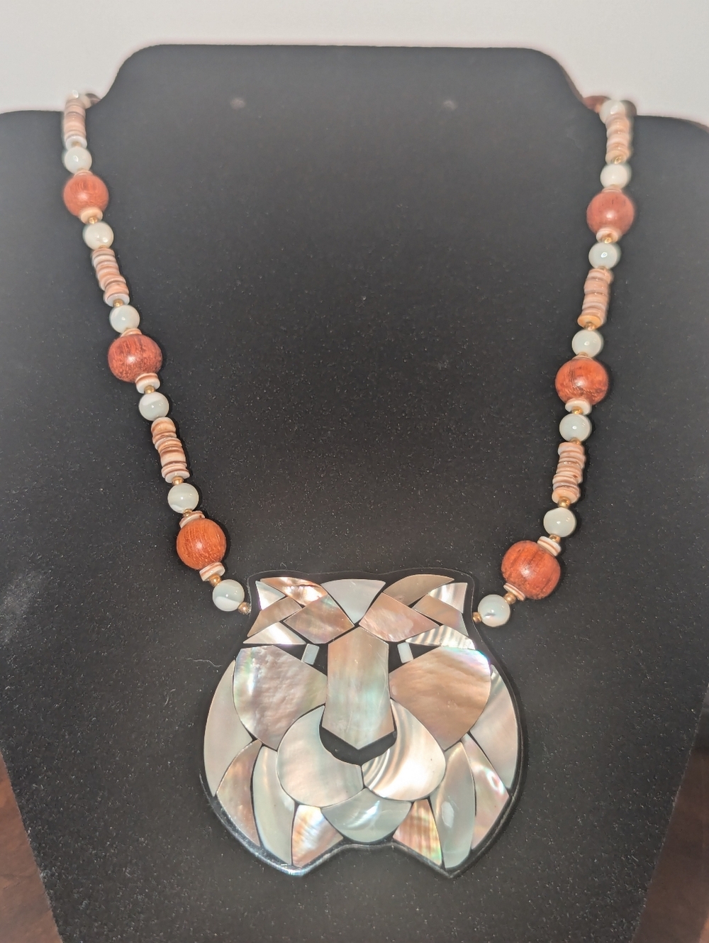 Vintage Lee Sands Inlaid Mother of Pearl Lion Necklace w/ Wood, MOP, Shell Beads